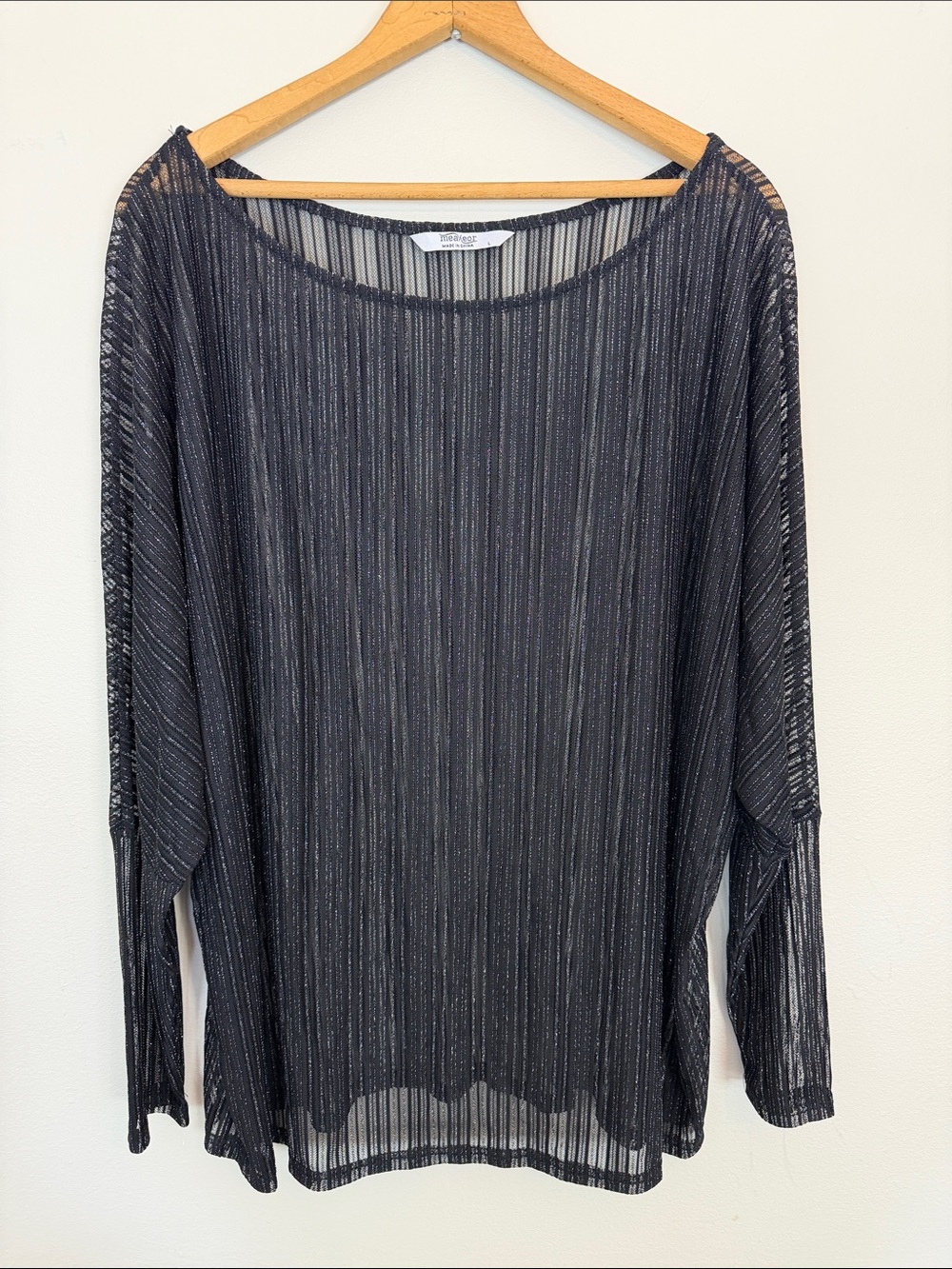 Meaneor Black Sheer Metallic Long Sleeve Top Women’s Size Large Mesh Party